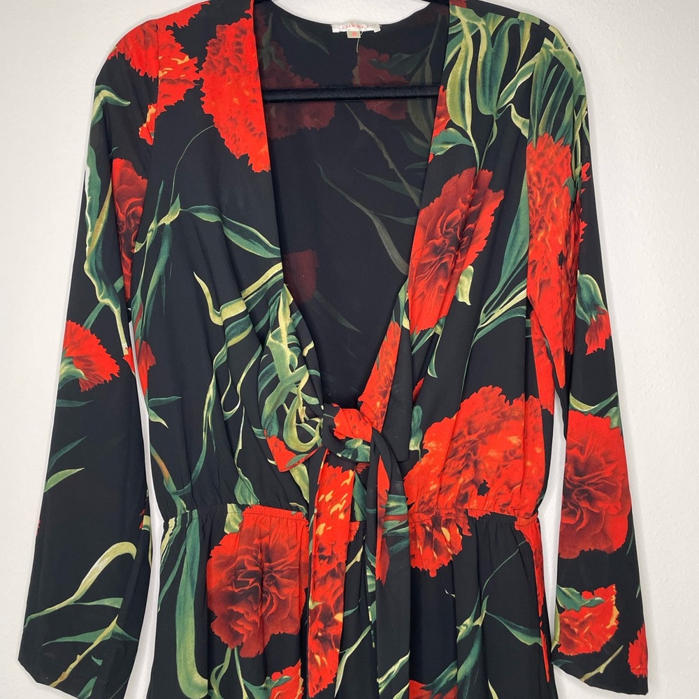 Luxxel Red and Black Floral Romper with tie in front size medium